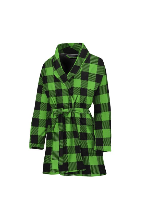 Ufo Green And Black Buffalo Check Women Bathrobe One Size Univeral Fits, Alien Ufo Space Fashion Lightweight Plush Fleece Long Robe For Women