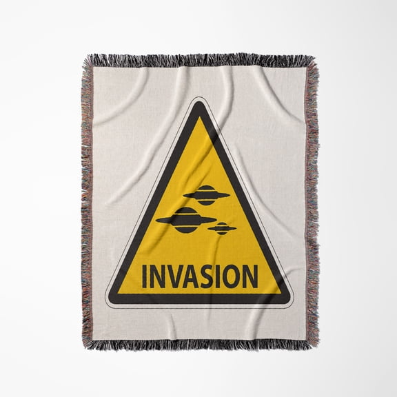 Ufo Invasion Warning Sign Road Attention Traffic Abduction Aliens Funny, Woven Blanket