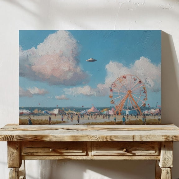 Ufo Over The Fair Wall Art, Vintage Landscape Posters, Living Room Decor, Wall Art, Eclectic Decor, Stretched Canvas Size 12x18