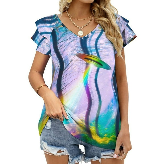 Ufo Ruffle Short Sleeve T-Shirt Women'S Print Fashion Casual T Shirts For Girl Gift Trippy Forest Nature Abstract