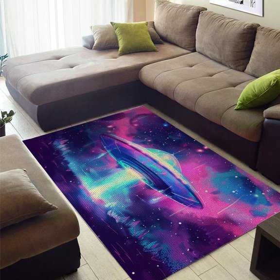 Ufo Spaceship Universe Planet Rug Galaxy Runner Rug Spacecraft Stars Rug Washable Non-Slip Area Rugs Boys and Girls Play Mat for Bedroom Rectangle Area Rug