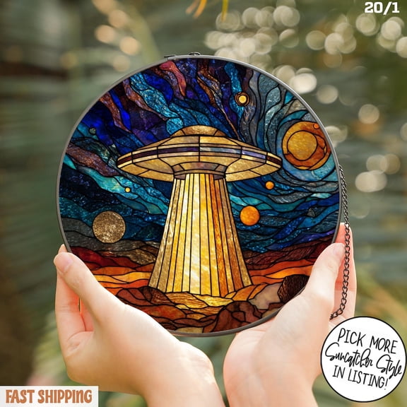 Ufo Stain Glass Suncatcher, Glass Style Window Hanging, Alien Decor, Sci-Fi Art, Cosmic, Alien Abduction, Nerdy Gift, Gift For Him, Suncatcher Window Hanging, 3.5 in