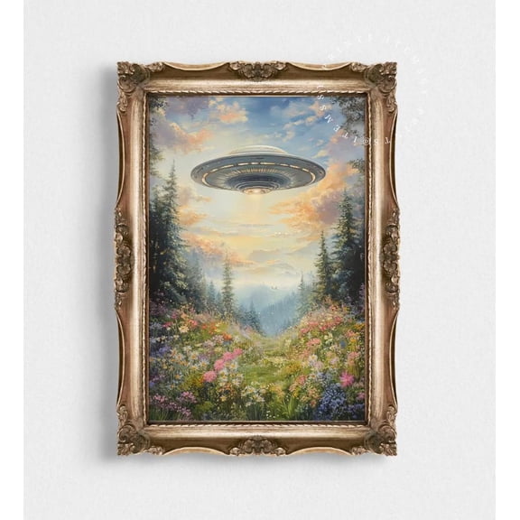 Ufo Surreal Art Poster, Wildflower Meadow & Floral Cottagecore Landscape, Eclectic Alien Wall Art, Altered Art Poster, Unique Decor, 8x12 UNFRAMED