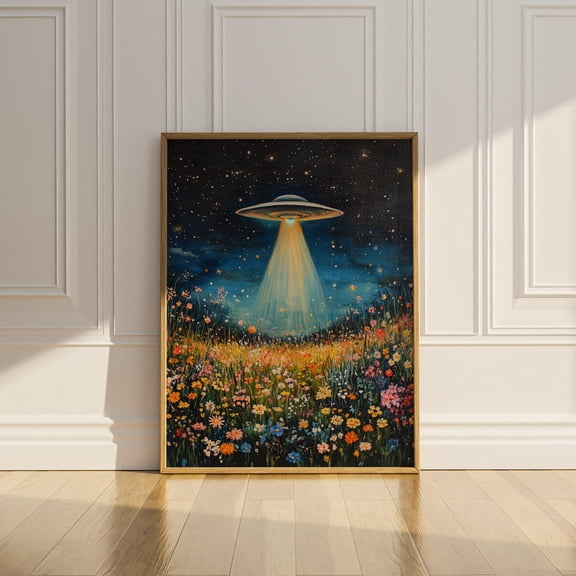 Ufo Wildflower Wall Art Printable Vintage Oil Painting Flowers Trippy Floral Alien Believer Wall Decor Artful Trendy Gift Digital Download, F100, Unframed Canvas Size 8x12
