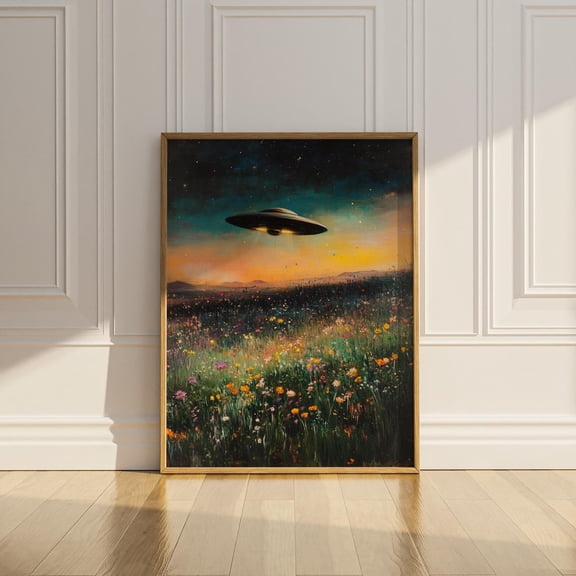 Ufo Wildflowers Wall Art Printable Vintage Oil Painting Flowers Trippy Floral Alien Believer Wall Decor Modern Home Gift Digital Download, F033, Unframed Canvas Size 12x18