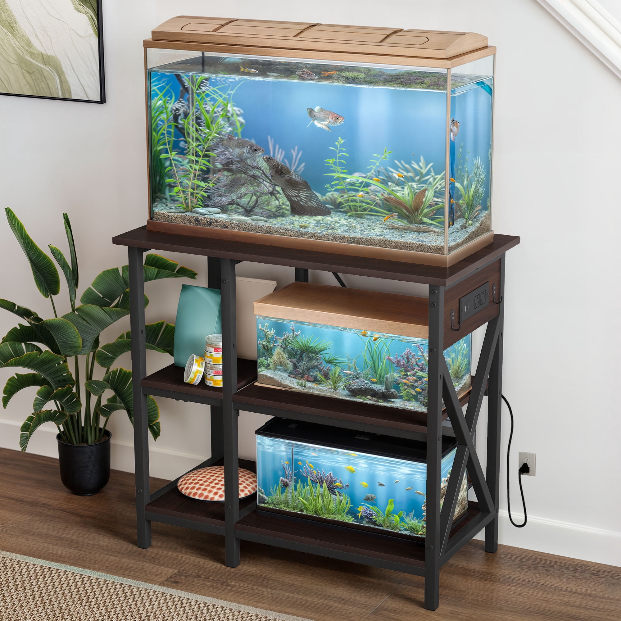Uforic 10-29-37 Gallon 3-Tier Heavy Duty Metal Fish Tank Stand with Power Outlets &  Adjustable Storage Shelf,450LBS Capacity, Black