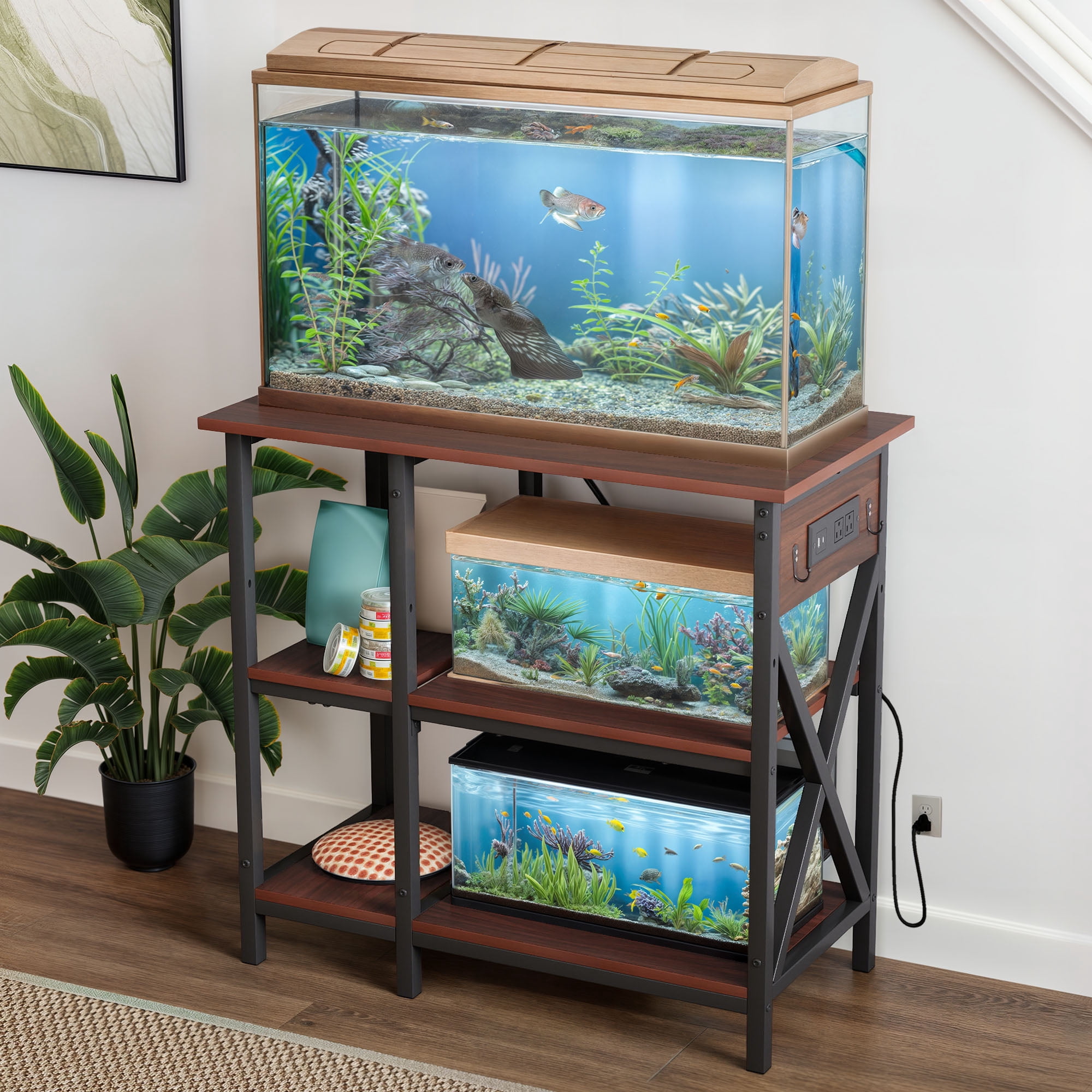 Uforic 10-29-37 Gallon 3-Tier Heavy Duty Metal Fish Tank Stand with Power Outlets & Adjustable Storage Shelf,450LBS Capacity, Rustic Brown