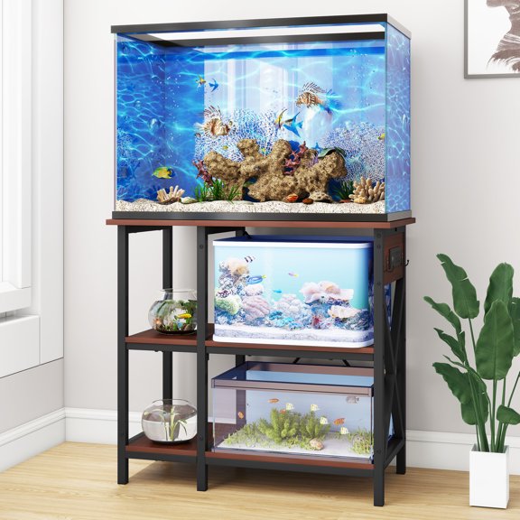 Uforic 10-29-37 Gallon Fish Tank Stand with Power Outlets, 3-Tier Heavy Duty Metal Aquarium Stand Adjustable Storage Shelf,450LBS Capacity, Rustic Brown