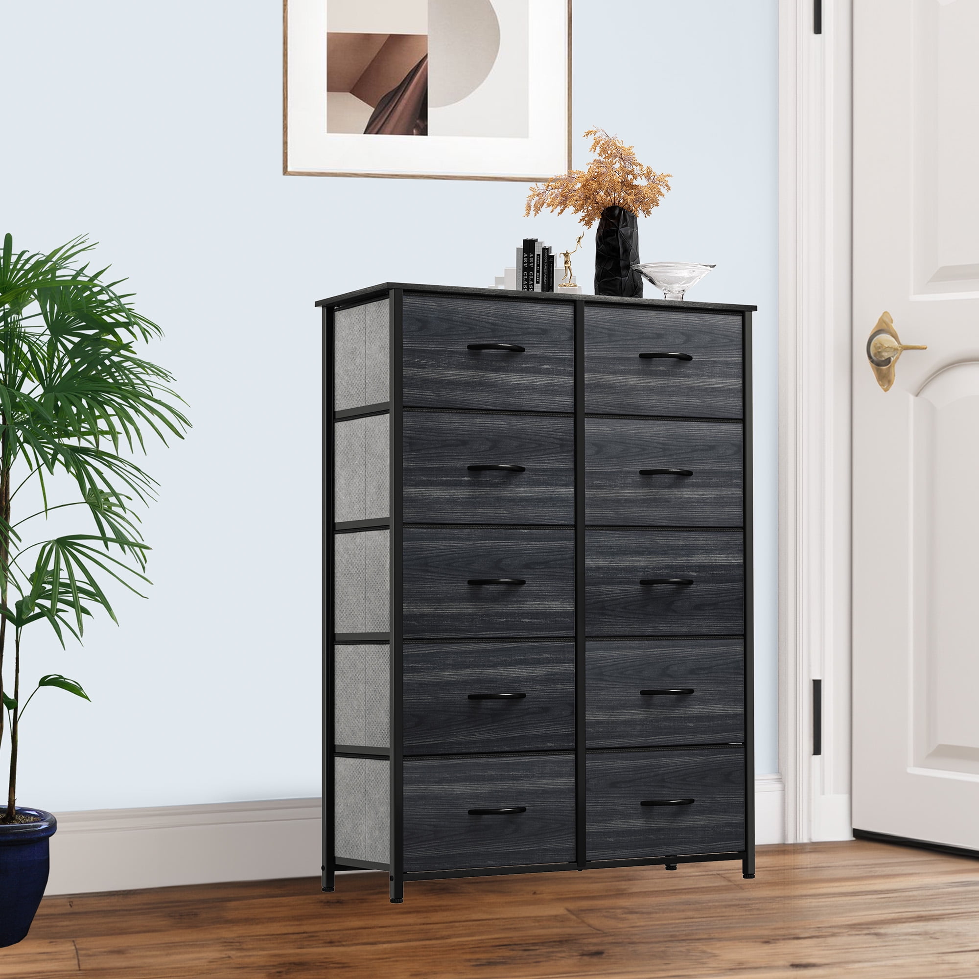 Uforic 10-Drawer Fabric Dresser, Storage Chest with Steel Frame & Wooden Top for Bedroom, Black