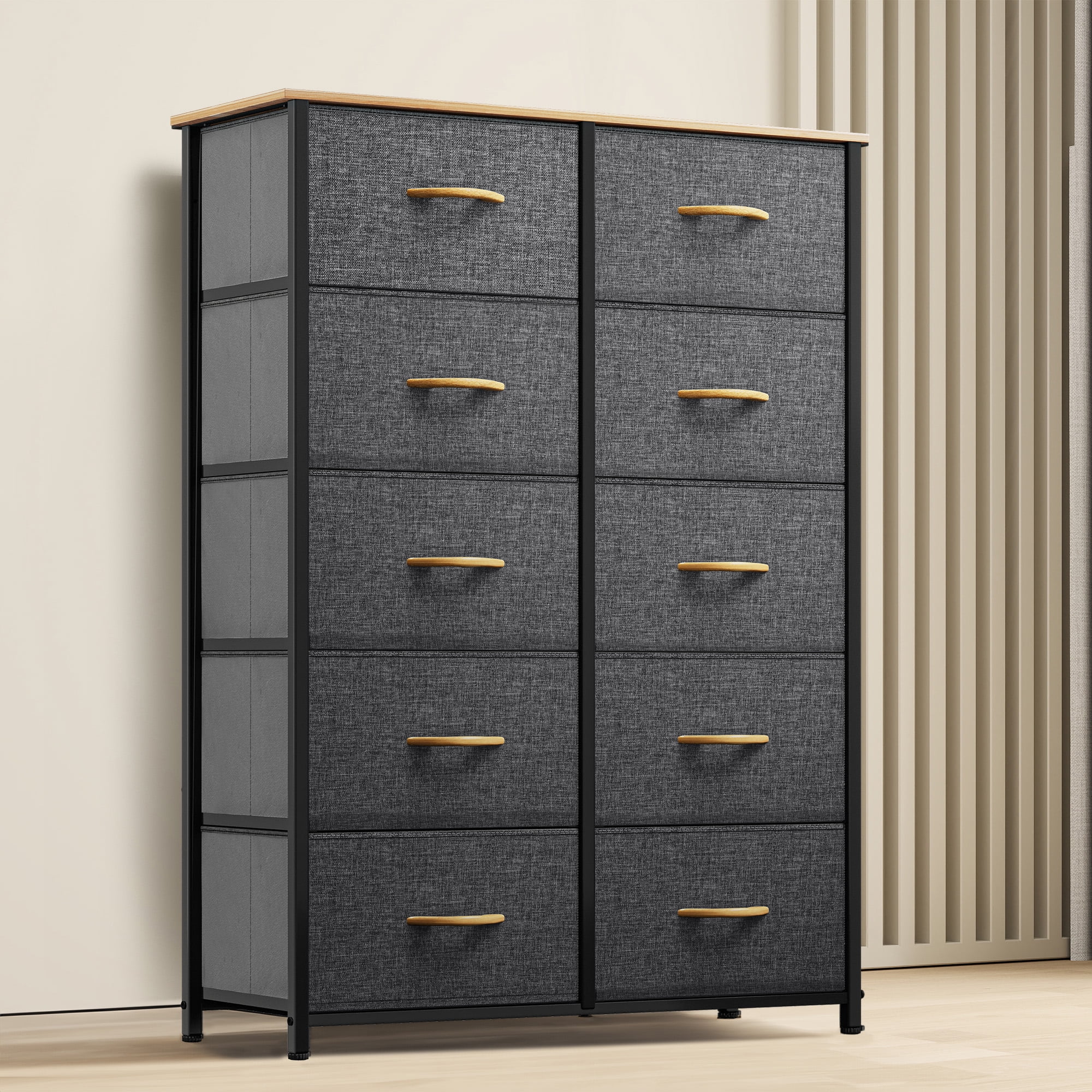 Uforic 10-Drawer Fabric Dresser for Adults, Tall Storage Chest with Steel Frame & Wooden Top, Gray