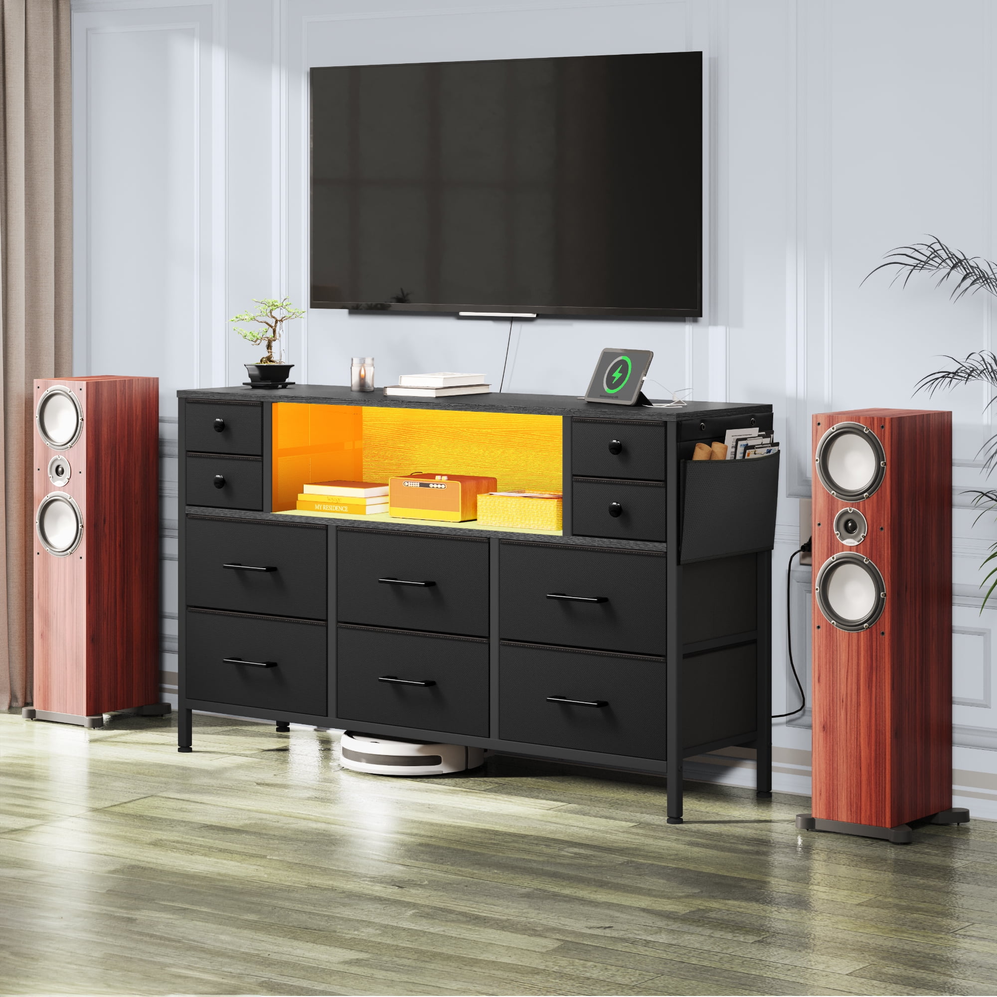 Uforic 10 Drawer Fabric Dressers with Power Outlets LED Lights for up to 55" TV for , Black