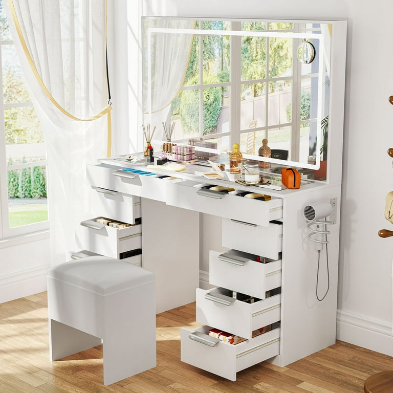Uforic 10-Drawer Makeup Vanity Dresser with LED Mirror, Power Hub