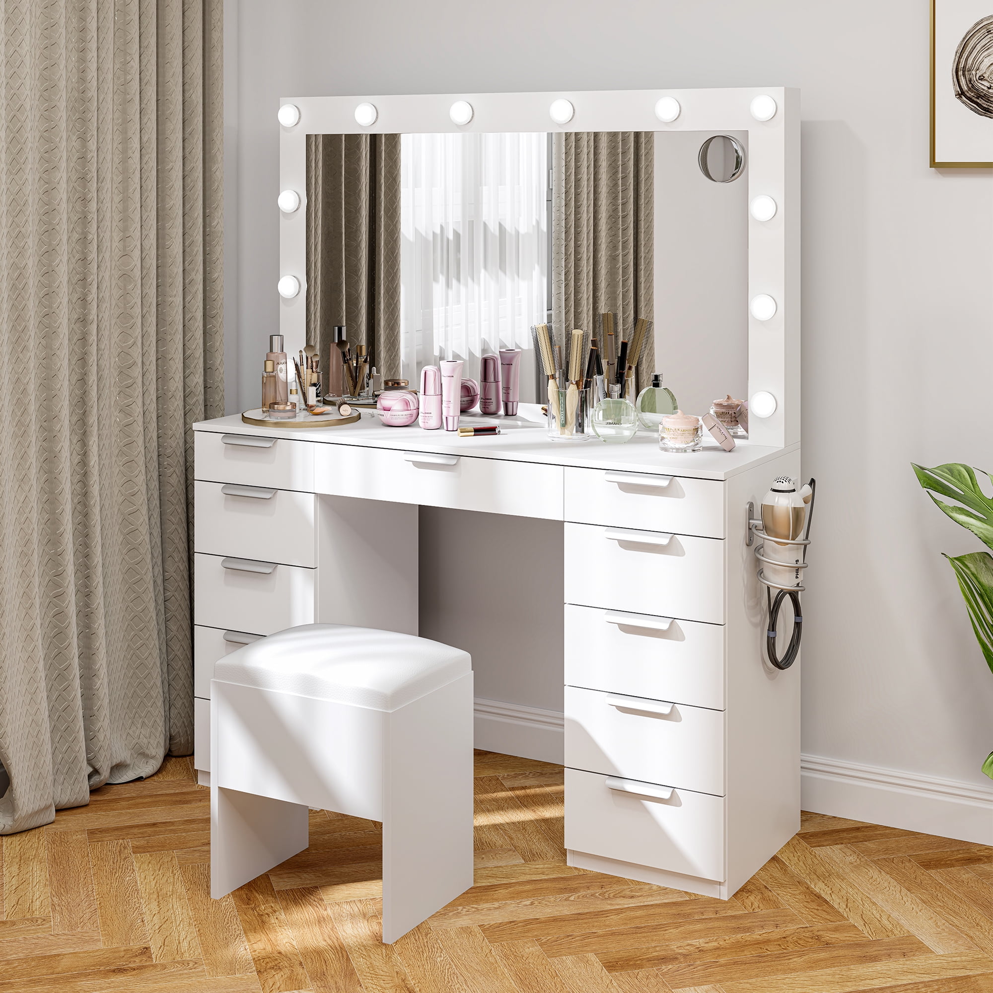 Uforic White 11 Drawer Makeup Vanity Dresser Set with LED Light and Large Mirror