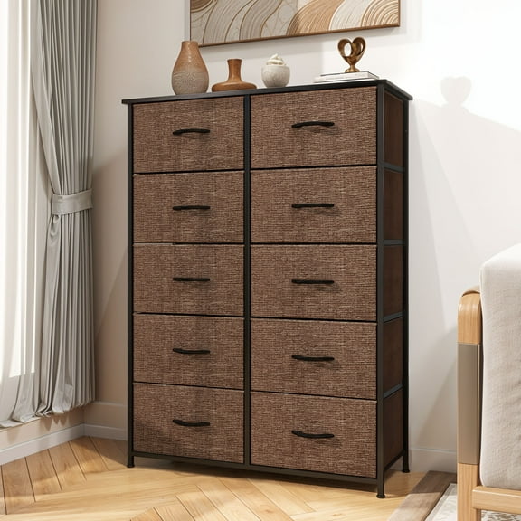 Uforic 10 Drawers Dresser Fabric Bedside Organizer Storage Tower Chest for , Brown