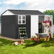 Uforic 10 x 8 Outdoor Storage Shed, Waterproof Metal Shed with Windows, Lockable Doors Gray/White
