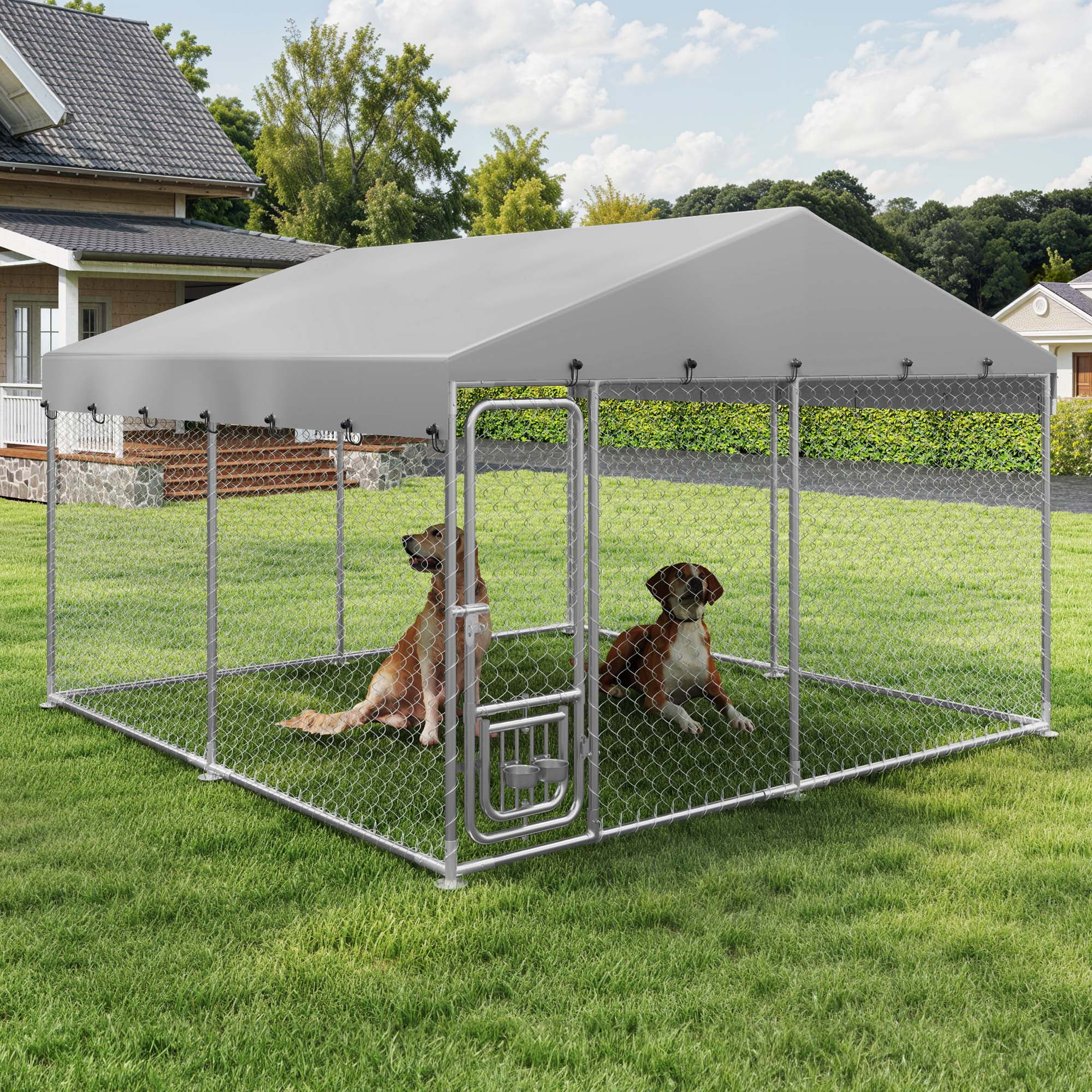 Uforic 10'x10' Large Outdoor Dog Kennel with Rotating Feeder Bowls