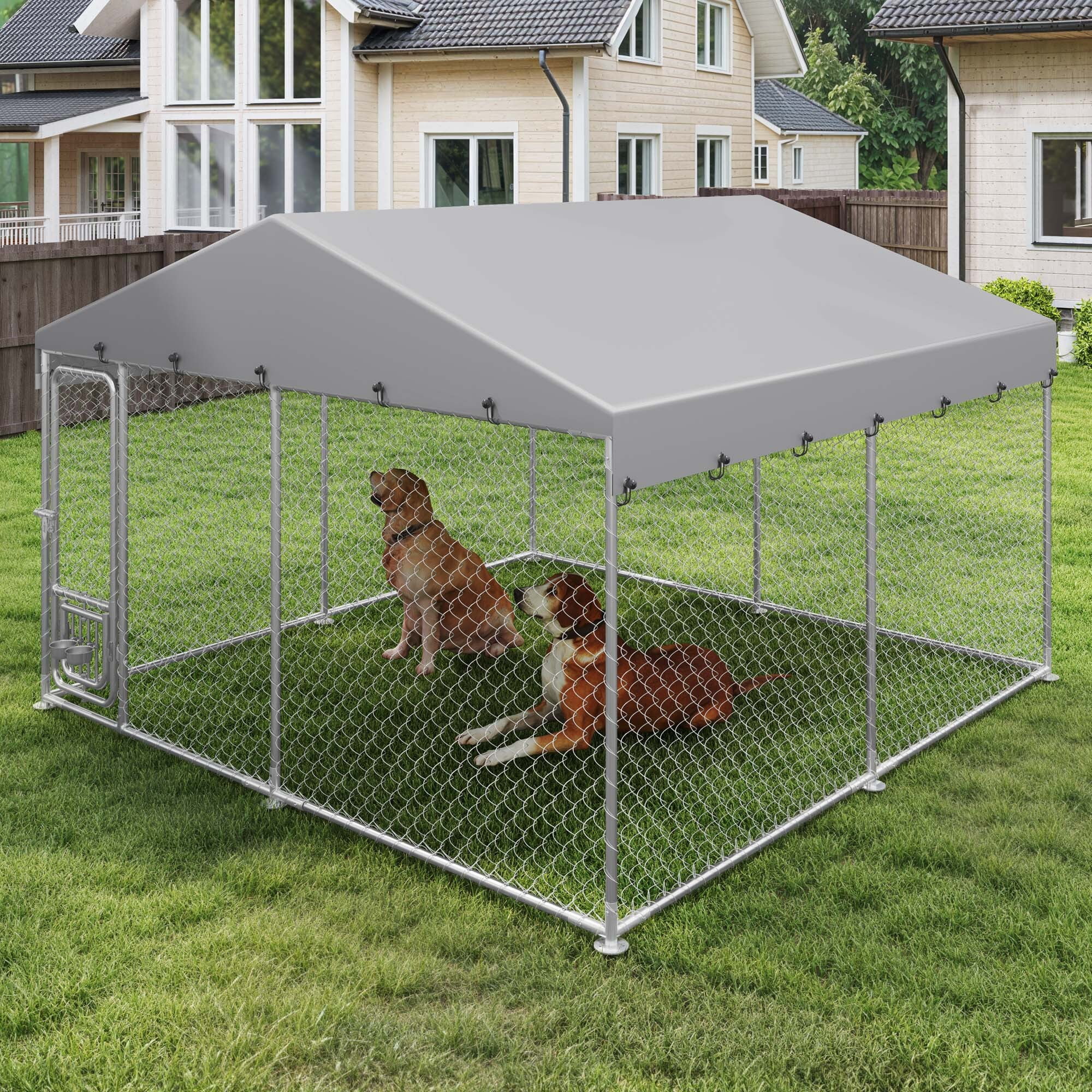 Uforic Large 10'x10' Heavy Duty Outdoor Dog Kennel with Rotating Feeder and Weatherproof Roof
