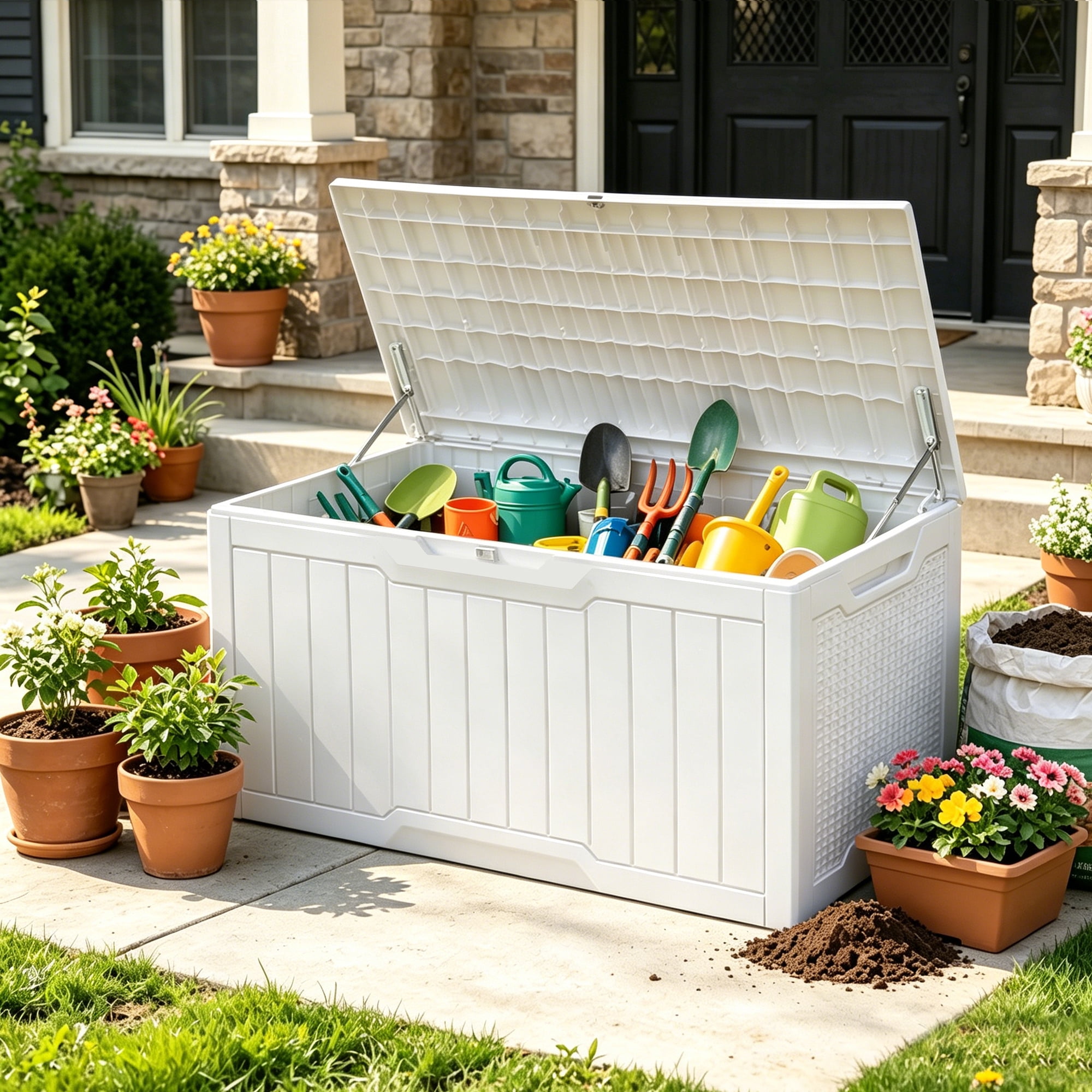 Uforic 100 Gallon Deck Box, Lockable Waterproof Resin Outdoor Storage Bin, White