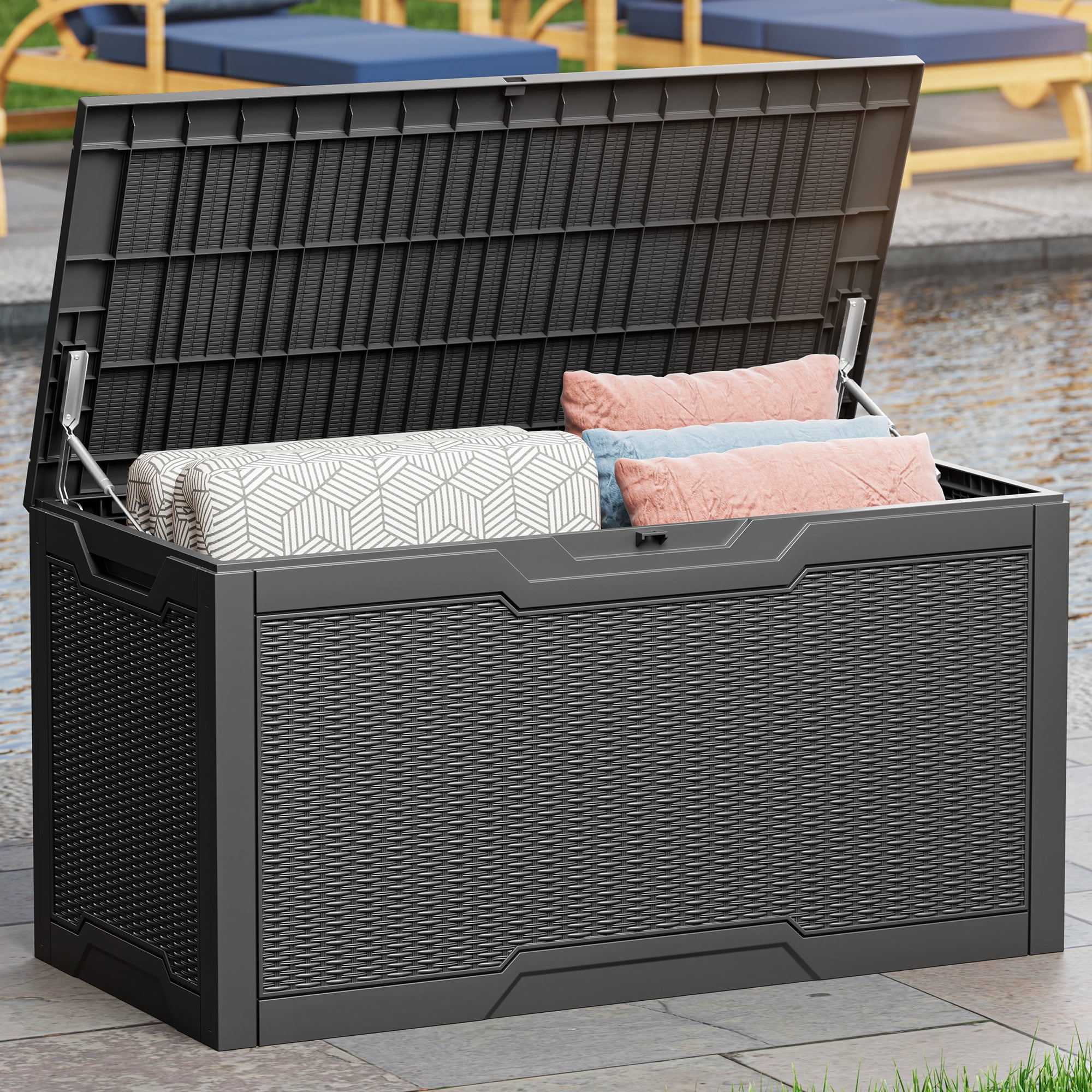 Uforic 100 Gallon Large Resin Deck Box, Waterproof Lockable Outdoor Storage Container for Patio Garden, Black