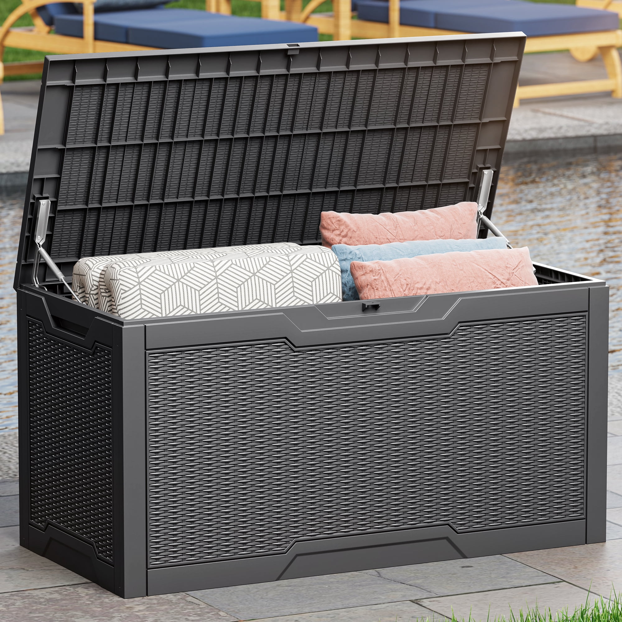 Uforic 100 Gallon Large Resin Deck Box, Waterproof Lockable Outdoor Storage Container for Patio Garden, Dark Gray
