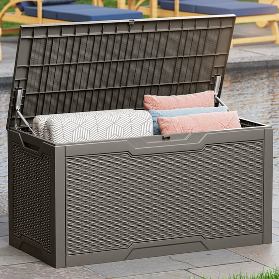 Uforic 100 Gallon Large Resin Deck Box, Waterproof Lockable Outdoor Storage Container for Patio Garden, Light Brown