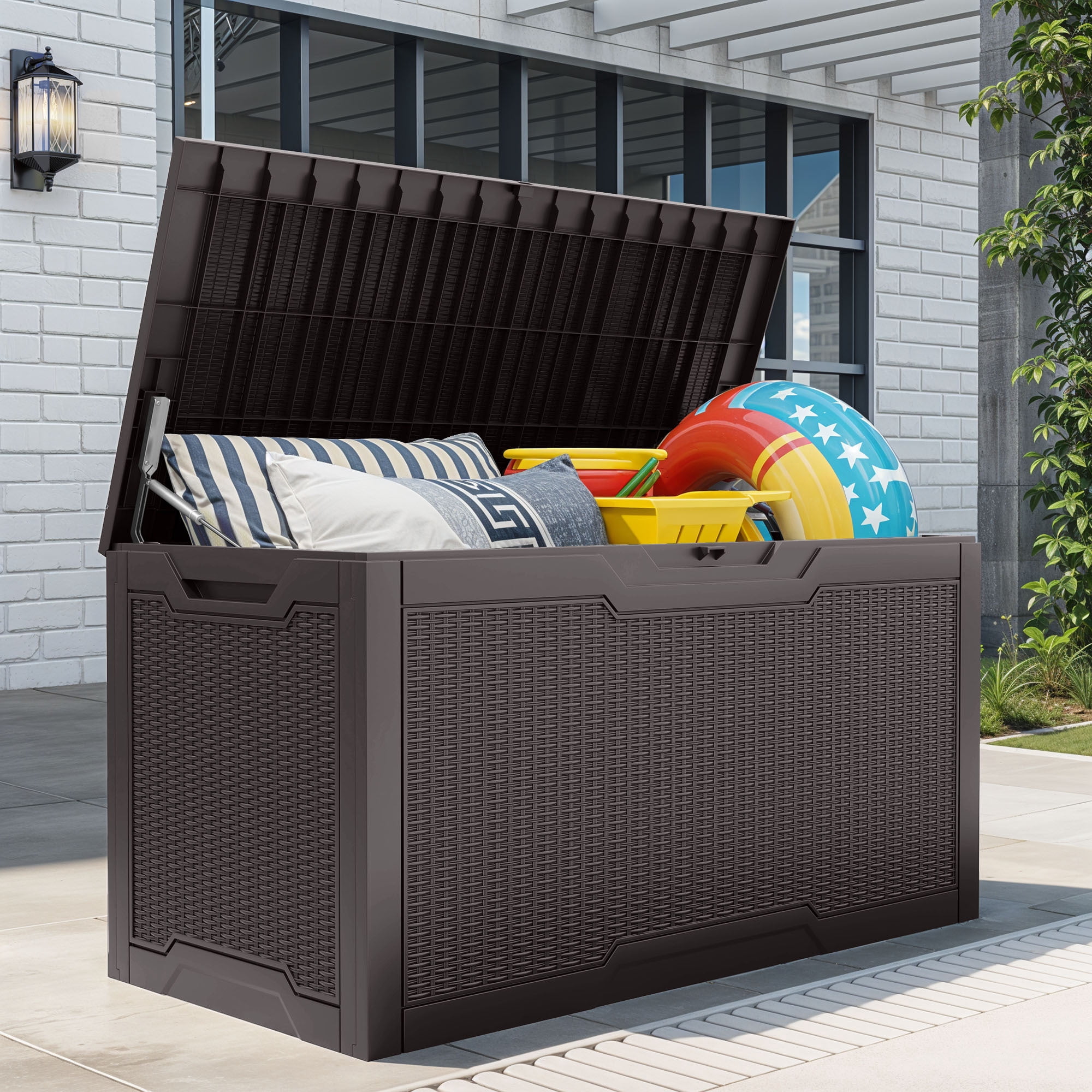 Uforic 100 Gallon Lockable Resin Outdoor Storage Deck Box, Uforic Multipurpose Storage Chest for Patio Accessories Garden Tools Daily Essentials, Weather Resistant, Dark Brown