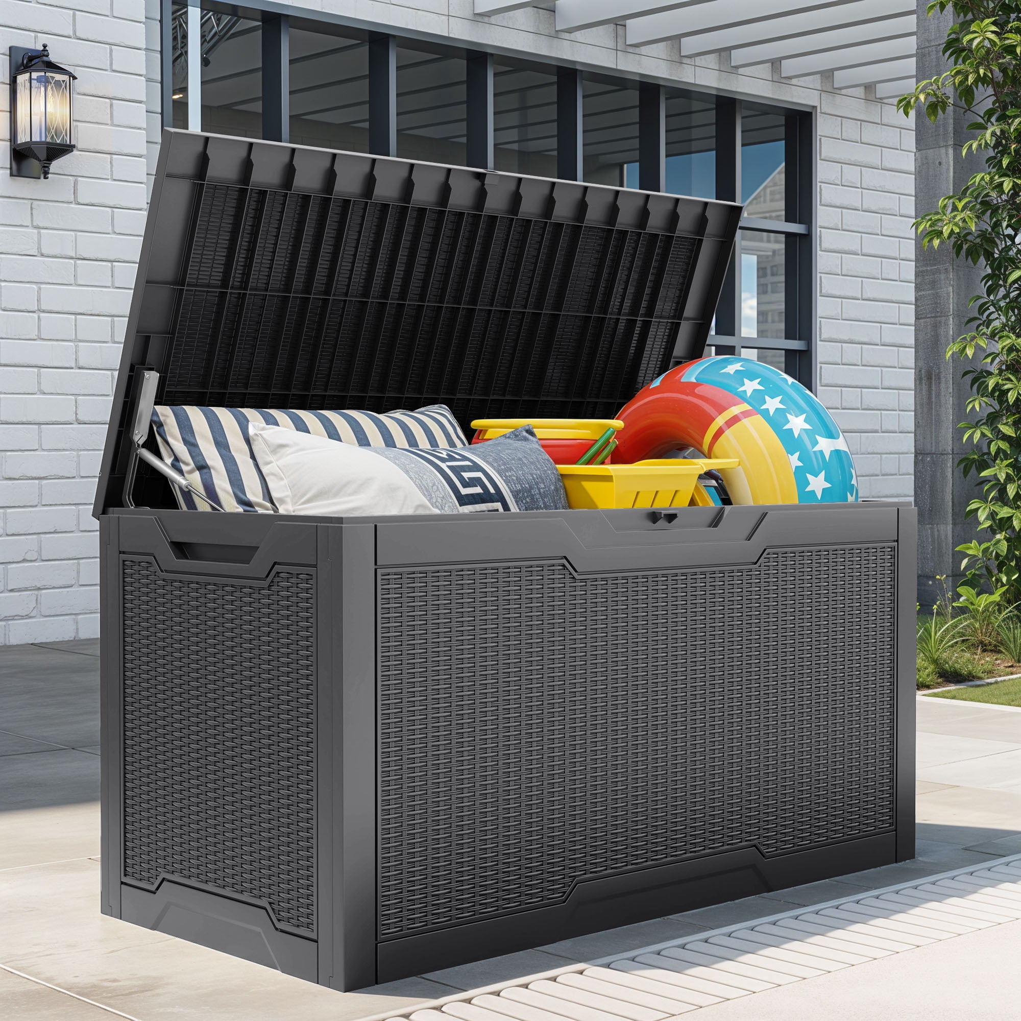 Uforic 100 Gallon Lockable Resin Outdoor Storage Deck Box, Uforic Multipurpose Storage Chest for Patio Accessories Garden Tools Daily Essentials, Weather Resistant, Dark Gray