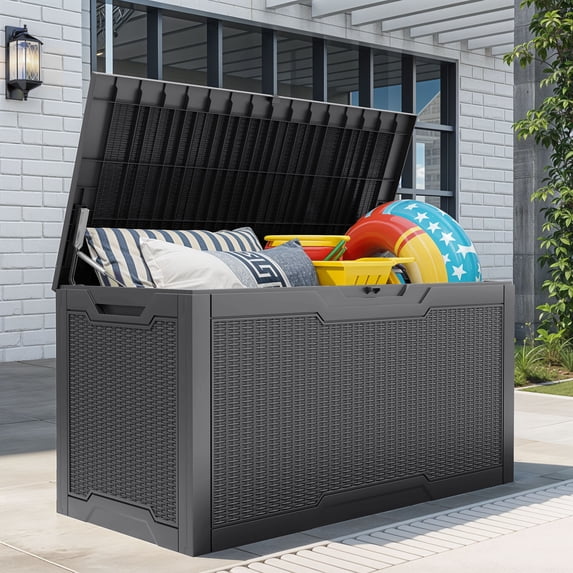 Uforic 100 Gallon Lockable Resin Outdoor Storage Deck Box, Uforic Multipurpose Storage Chest for Patio Accessories Garden Tools Daily Essentials, Weather Resistant, Dark Gray