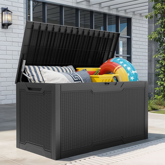 Uforic 100 Gallon Lockable Resin Outdoor Storage Deck Box, Uforic Multipurpose Storage Chest for Patio Accessories Garden Tools Daily Essentials, Weather Resistant, Black