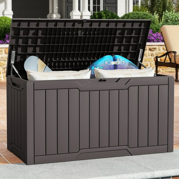 Uforic 100 Gallon Outdoor Resin Deck Box, Weatherproof & Lockable, Dark Brown
