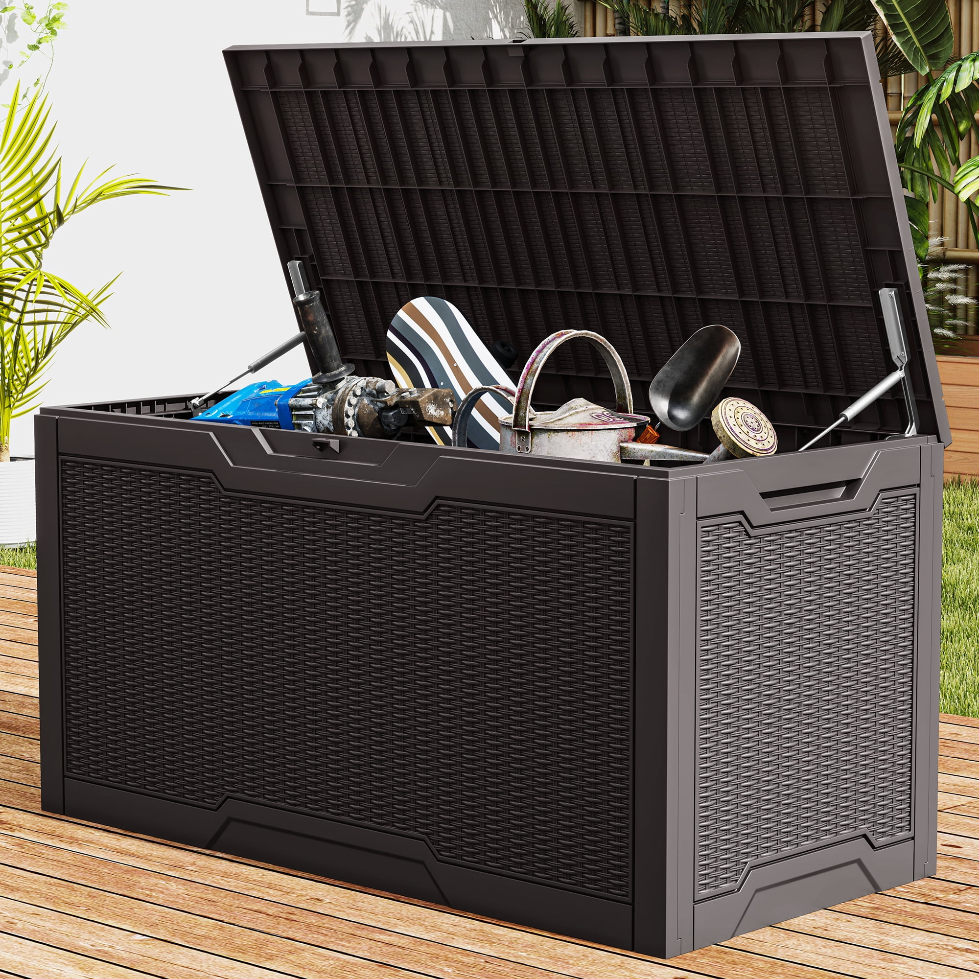 Uforic 100 gallon resin deck box. Outdoor waterproof storage box. Lockable. Dark brown.
