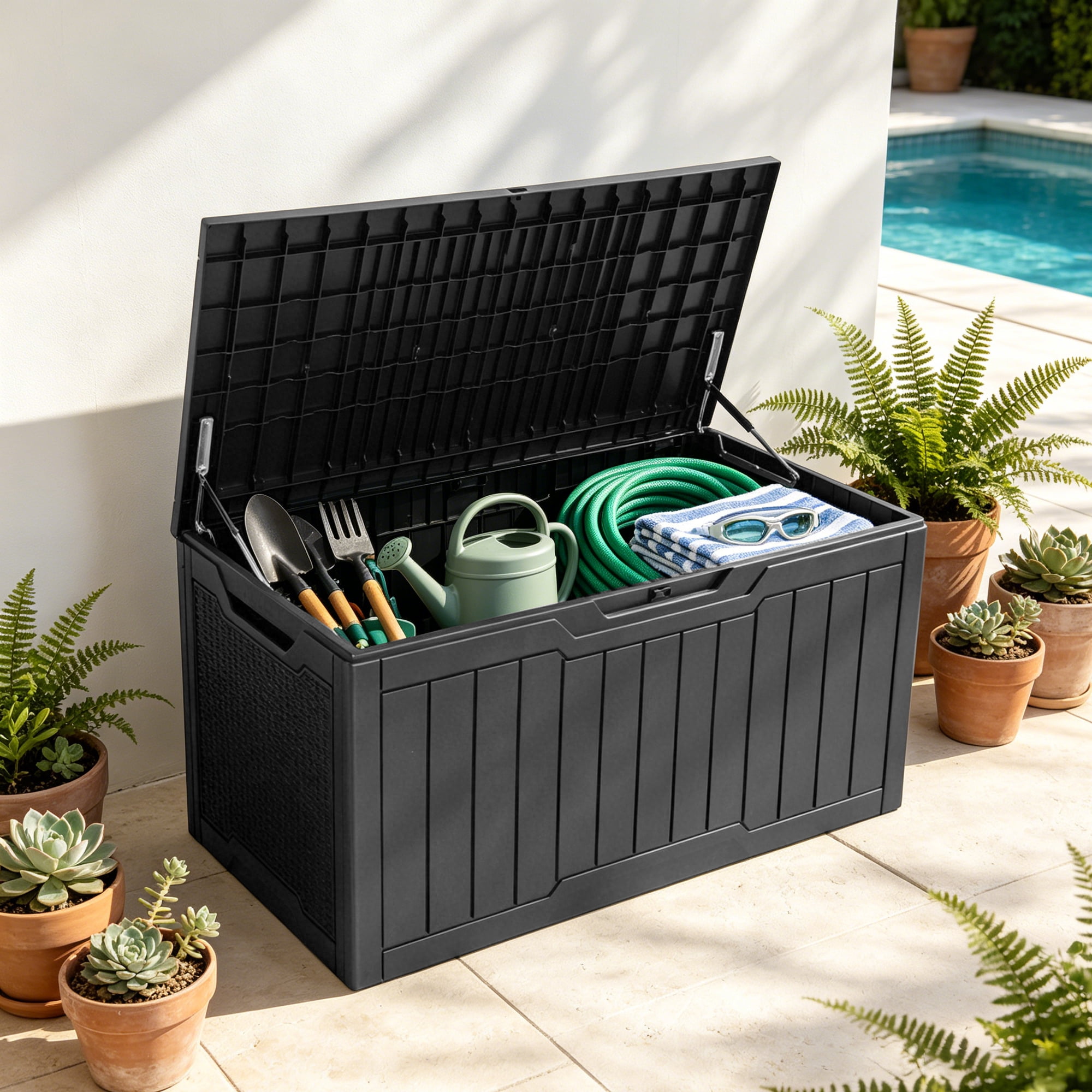 Uforic 100 Gallon Resin Deck Box, Waterproof Lockable Outdoor Storage Box for Patio Cushions Garden Tools Pool Supplies, Gray