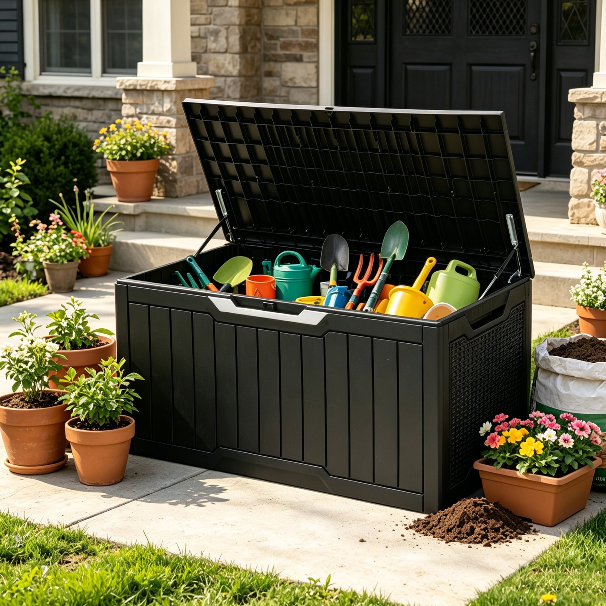 Uforic 100 Gallon Weatherproof Rattan Deck Box, Lockable Resin Large Outdoor Storage Box for Patio Cushions Garden Tools Equipment, Black
