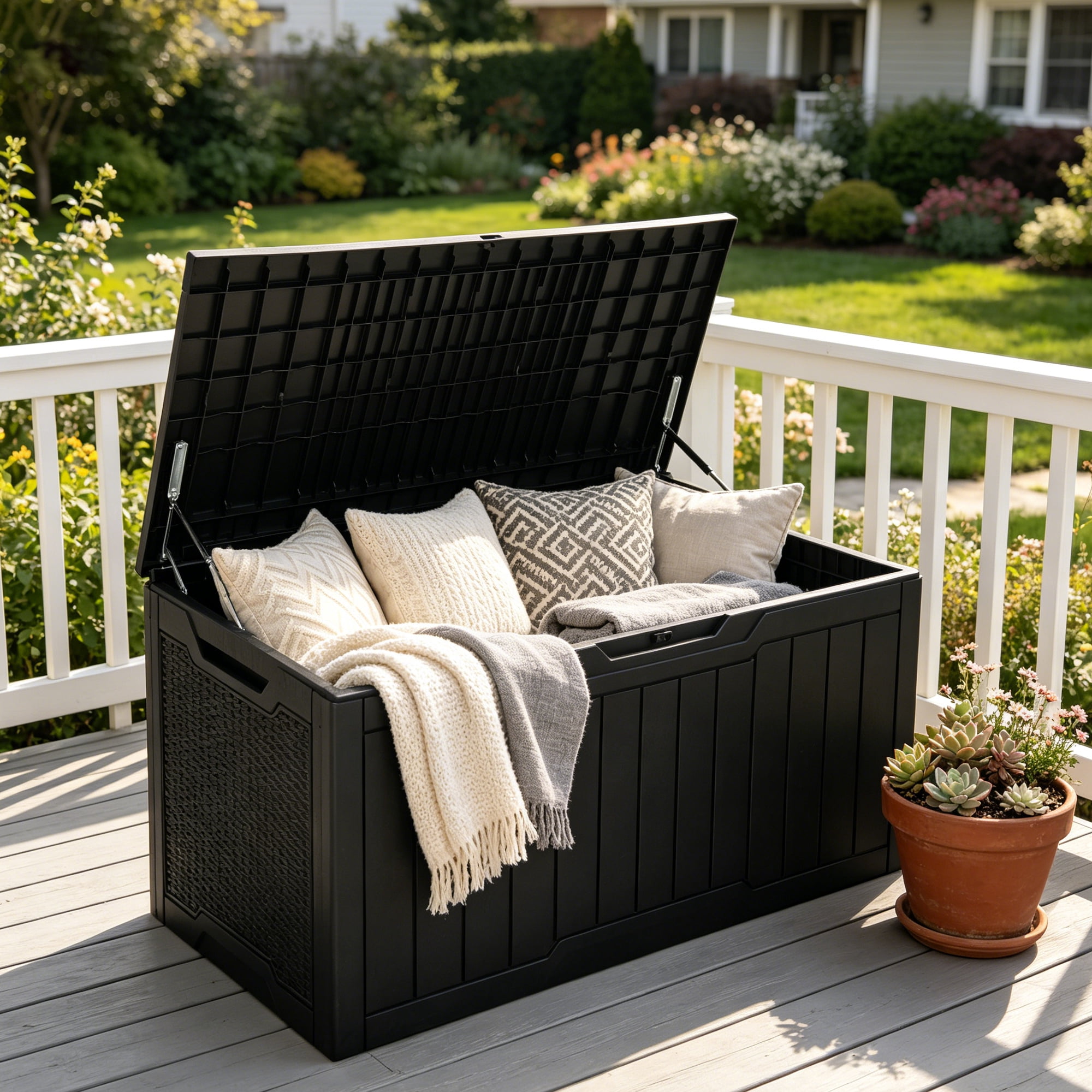Uforic 100 Gallon Weatherproof Resin Deck Box, Lockable Outdoor Storage Container for Patio Cushions, Garden Tools and Pool Supplies, Black