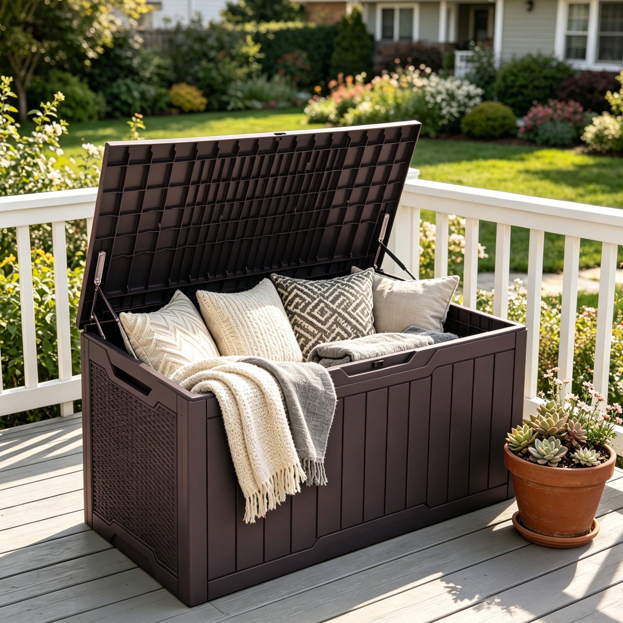 Uforic 100 Gallon Weatherproof Resin Deck Box, Lockable Outdoor Storage Container for Patio Cushions, Garden Tools and Pool Supplies, Dark Brown