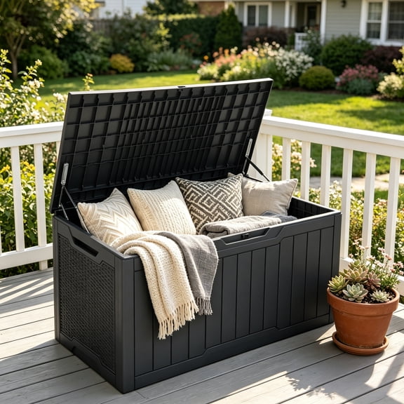 Uforic 100 Gallon Weatherproof Resin Deck Box, Lockable Outdoor Storage Container for Patio Cushions, Garden Tools and Pool Supplies, Gray