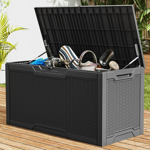 Uforic 100 Gallon large Deck Box, Outdoor Resin Storage Box, Outdoor Container for Patio Garden, Waterproof, Lockable, Black
