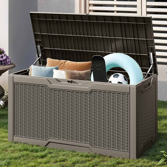 Uforic 100 Gallon large Deck Box, Outdoor Resin Storage Box, Outdoor Container for Patio Garden, Waterproof, Lockable, Light Brown