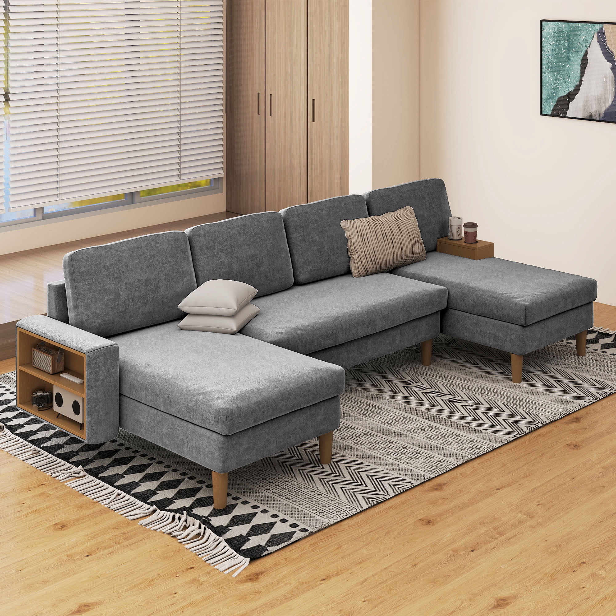 Uforic 109'' U-Shaped Sectional Sofa with Double Chaise, Storage, Cup Holder, 4 Cushions, Light Gray