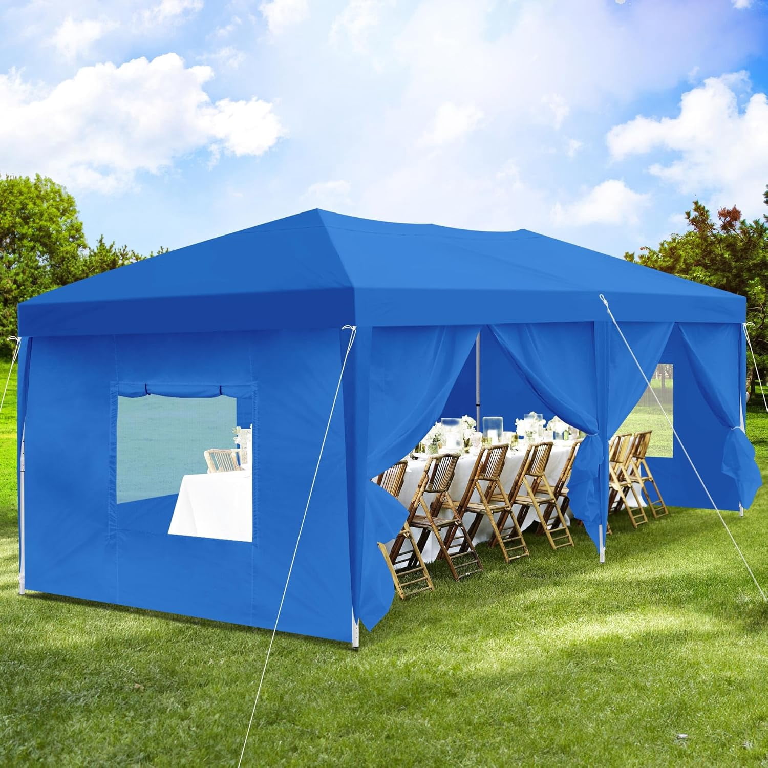 Uforic 10x20FT Blue Outdoor Pop-Up Canopy Tent, Steel Frame, Oxford Fabric, 6 Side Curtains, Adjustable Height