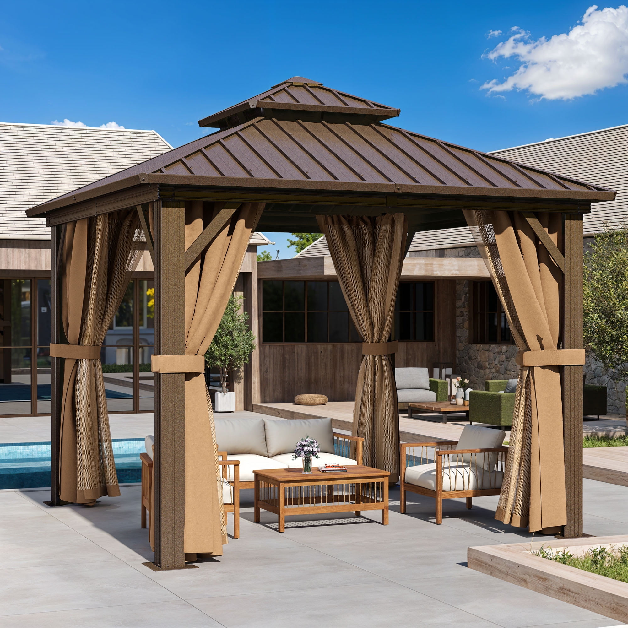 Uforic 10x10 FT Hardtop Gazebo, Heavy Duty Gazebo with Nettings and Curtains, Galvanized Steel Double Roof Gazebo,for Garden, Patio, Lawns,Bronze