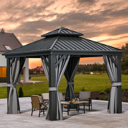 Uforic 10x10ft Hardtop Gazebo, Outdoor Heavy Duty Double Roof Galvanized Steel Garden Gazebo W/ Netting and Gray Curtains, Black