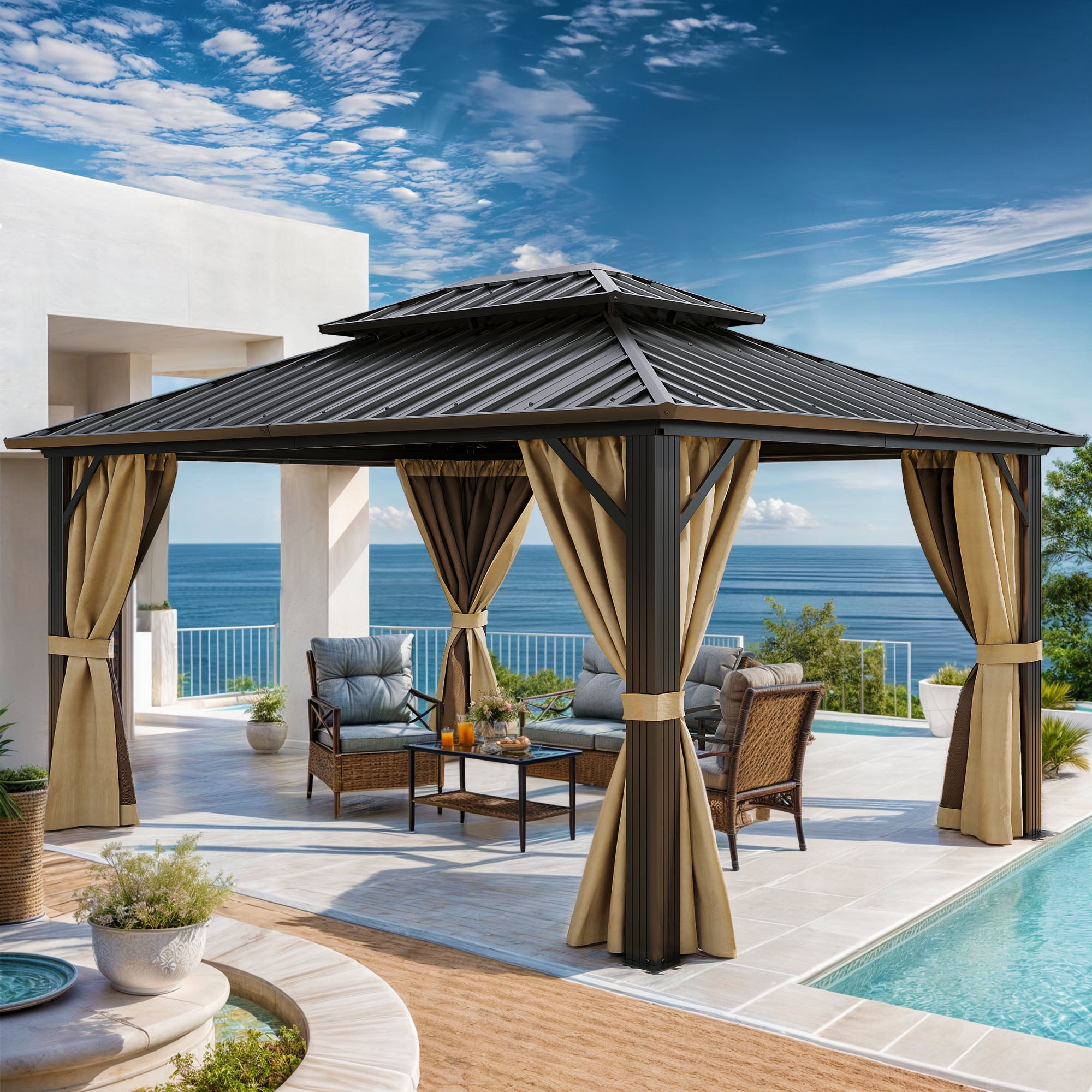 Uforic 10x12ft Hardtop Gazebo,Double Roof Galvanized Iron Aluminum Frame Gazebo W/ Netting and Brown Curtains