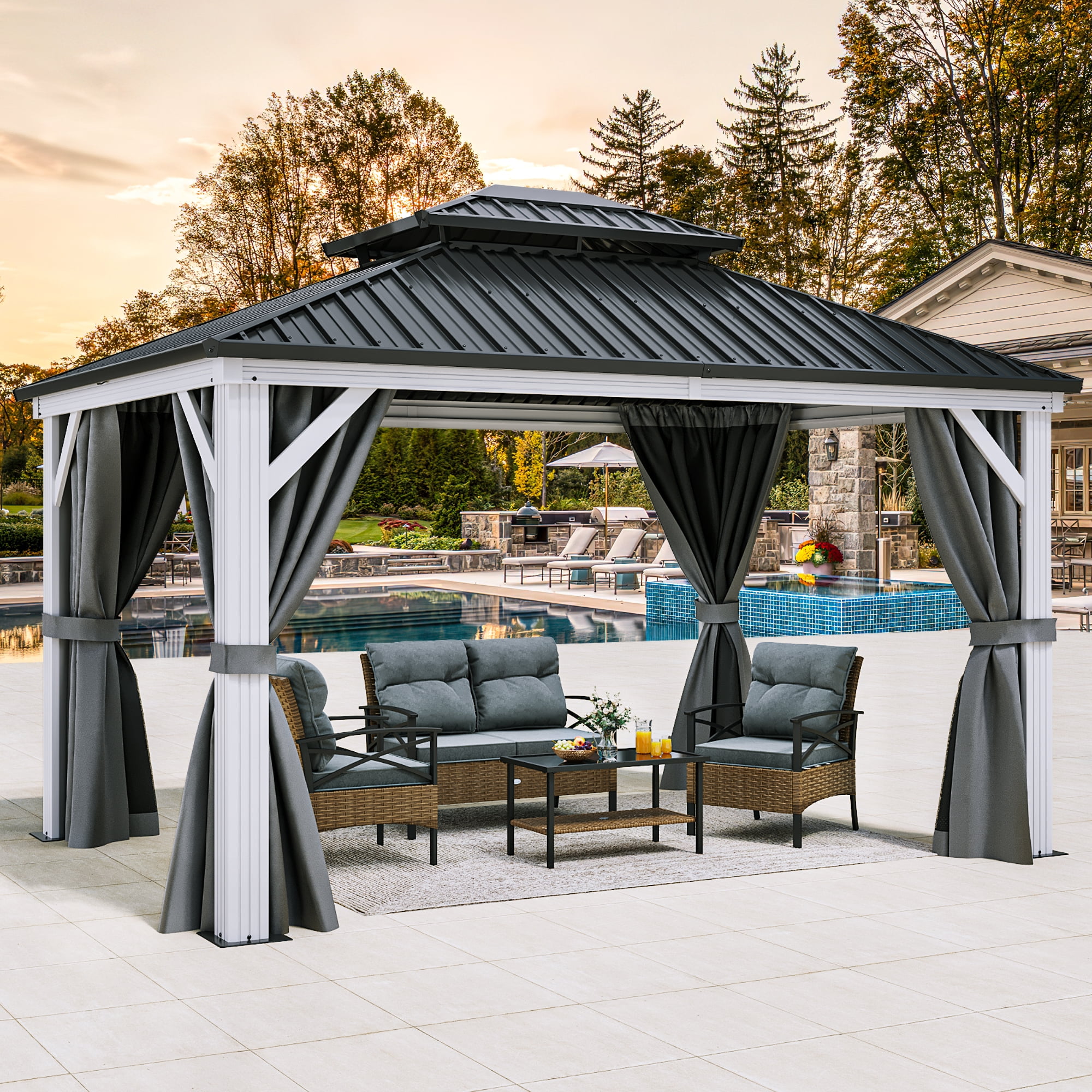 10x12FT Hardtop Gazebo Double Roof Canopy Outdoor with Netting and Curtains, Aluminum Frame Polycarbonate Roof Garden Tent for Patio, Backyard, Deck, and Lawn main image 0