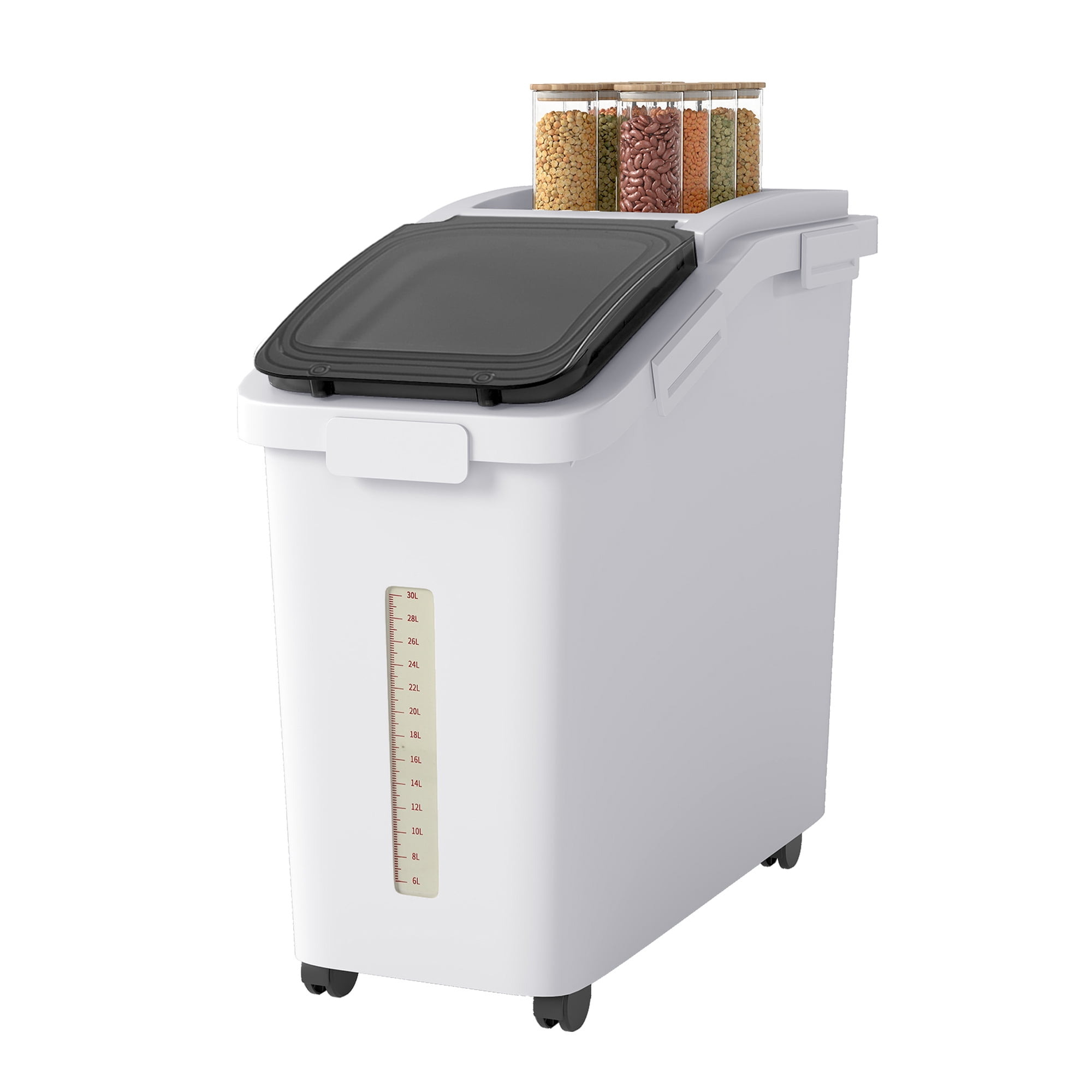 Uforic 11.4 Gal Large Ingredient Storage Bin, 90lb/50L Bulk Rice Flour Storage Container, 280 Cups Capacity Bin with Wheels, Lid, Scoop and Built-in Scale, Kitchen Dry Food Storage Bin, White