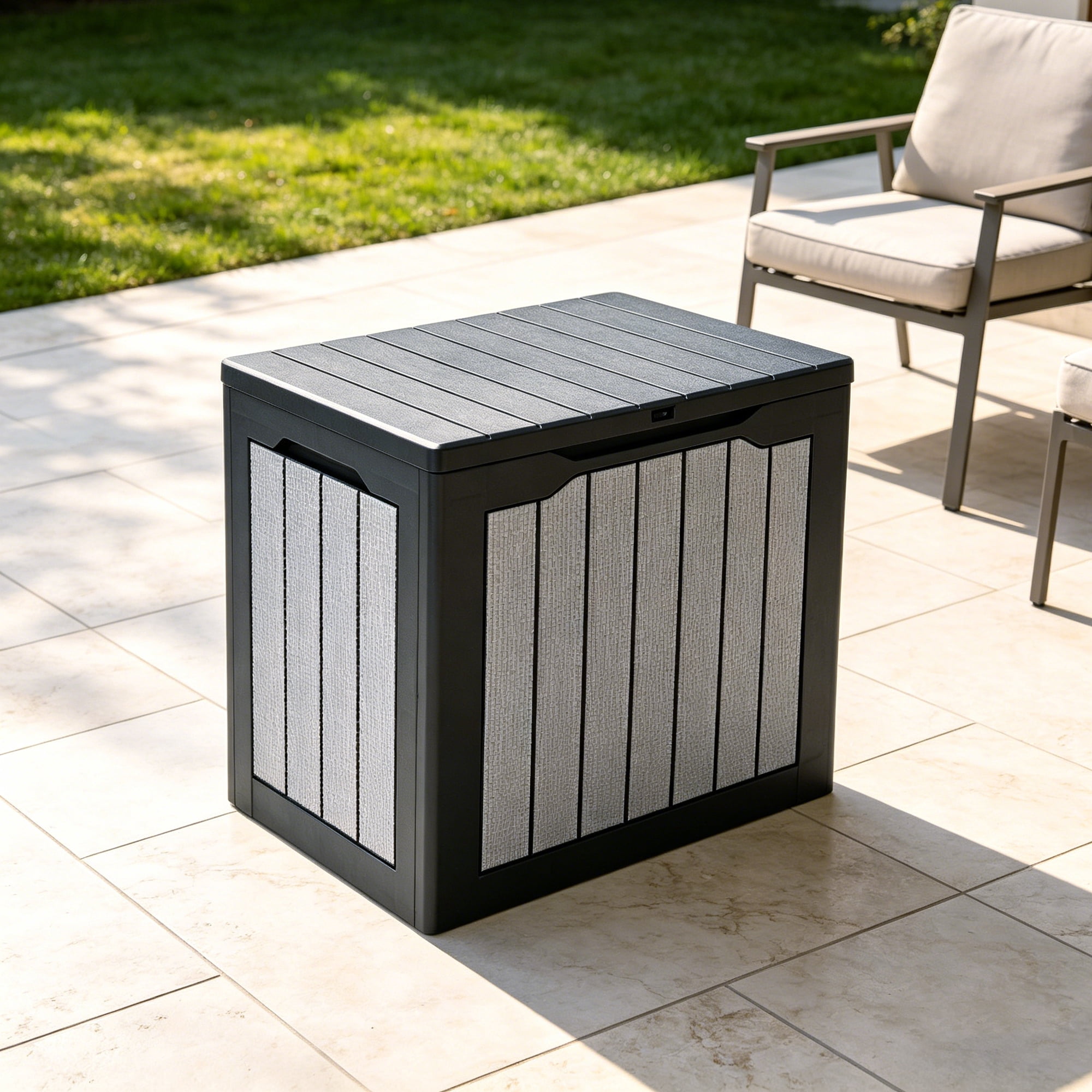 Uforic 30 Gallon Resin Deck Box, Waterproof Outdoor Storage Box, Dual Use as Patio Bench, Black & Gray