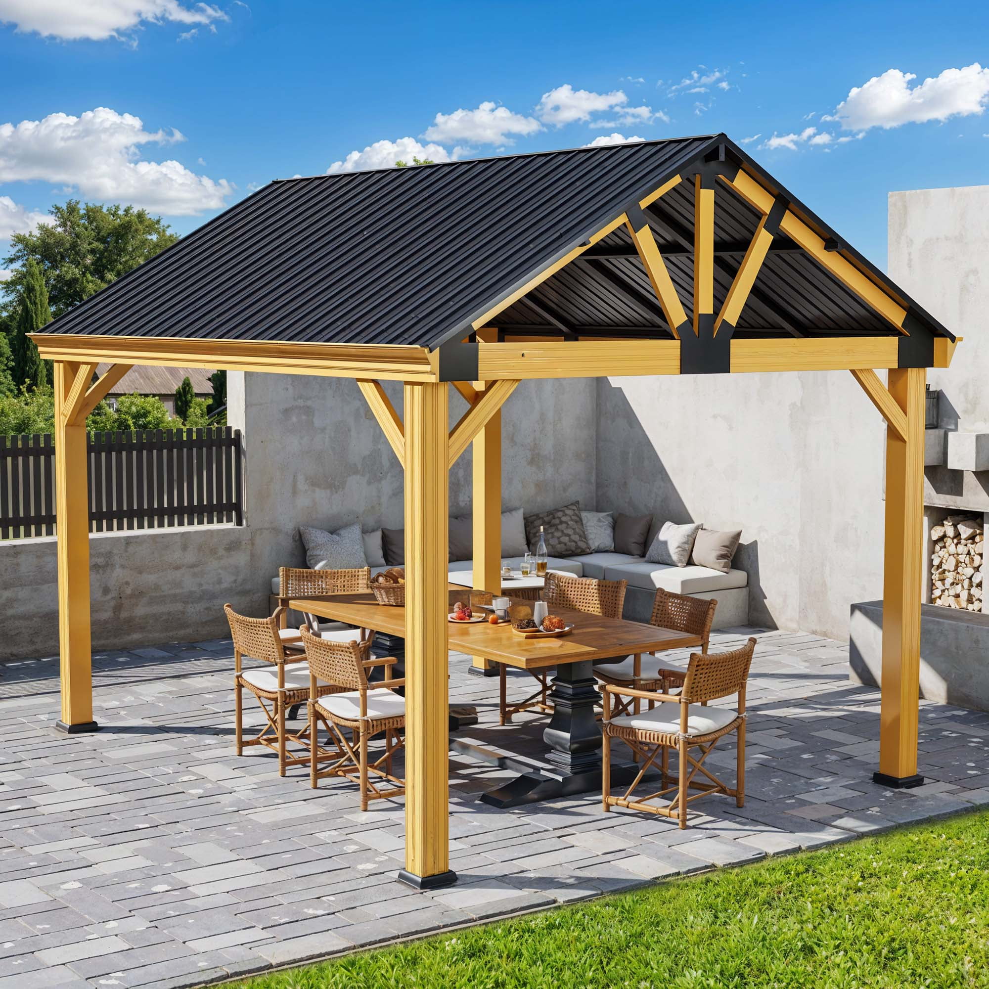 Uforic 11' x13.8' Outdoor Gazebo, Hardtop Gazebo with Galvanized Steel Top Pavilion Gable Roof, for Patio, Garden, Balcony