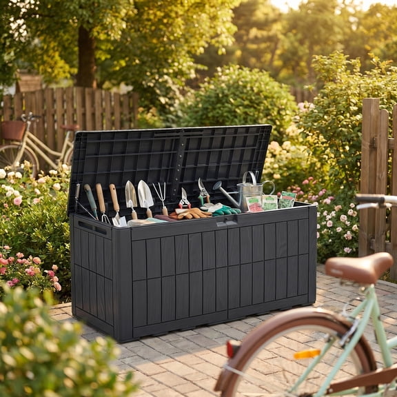 Uforic 110 Gallon Waterproof Outdoor Deck Box, Lockable Resin Storage Box, 2 Person Patio Storage Bench for Cushions Garden Tools Pool Supplies, Dark Gray