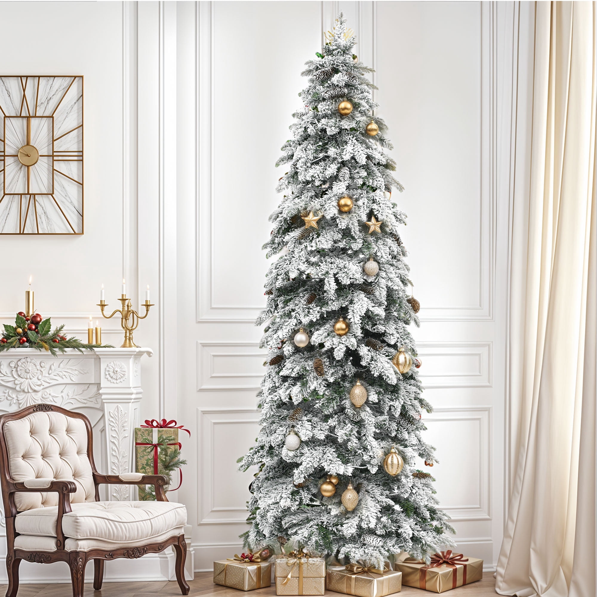 Uforic 11ft Pre-lit Flocked Pencil Spruce Christmas Tree with 2288 Branch Tips,700 Lights,72 Pine cones, Remote Control, 11 Light Modes, White Flocked