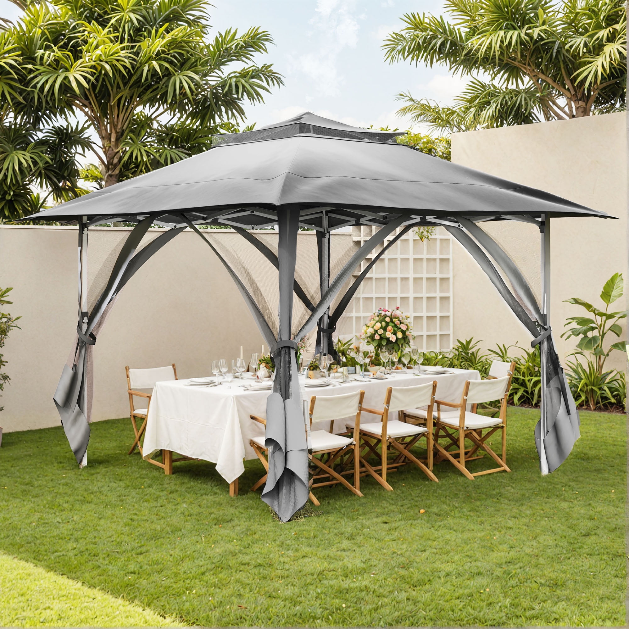 Uforic 12'x12' Pop Up Gazebo, Outdoor Double Roof Gazebo Tent with Netting Walls, Double Vented Roof Canopy, Beige